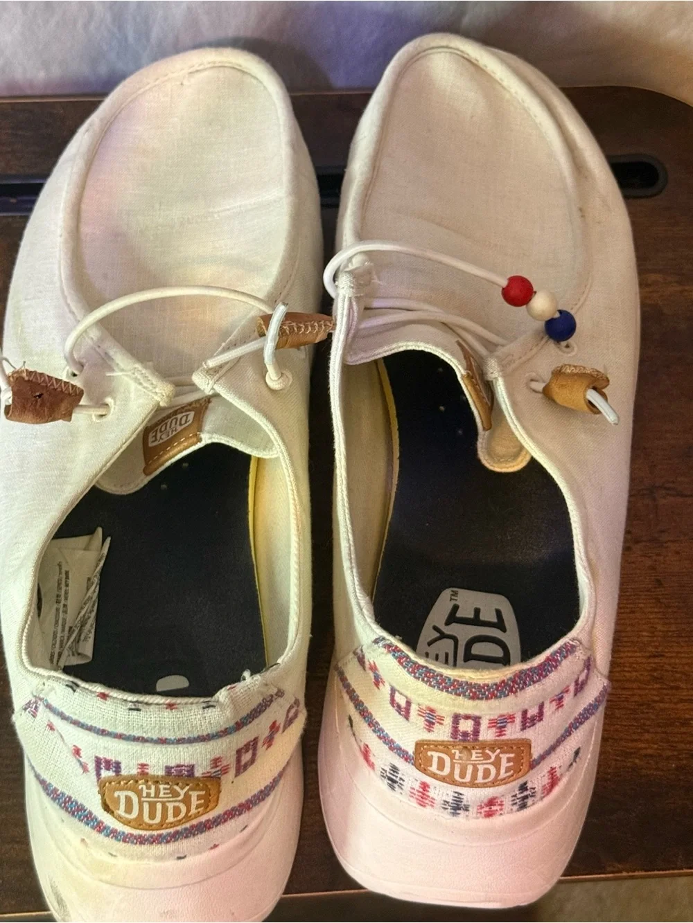 Hey Dude Men’s Cream Canvas Slip-On Loafers with Red & Blue Accent Beads
